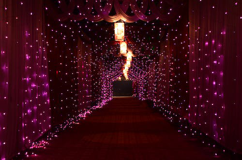 string lights and lanterns at an entryway