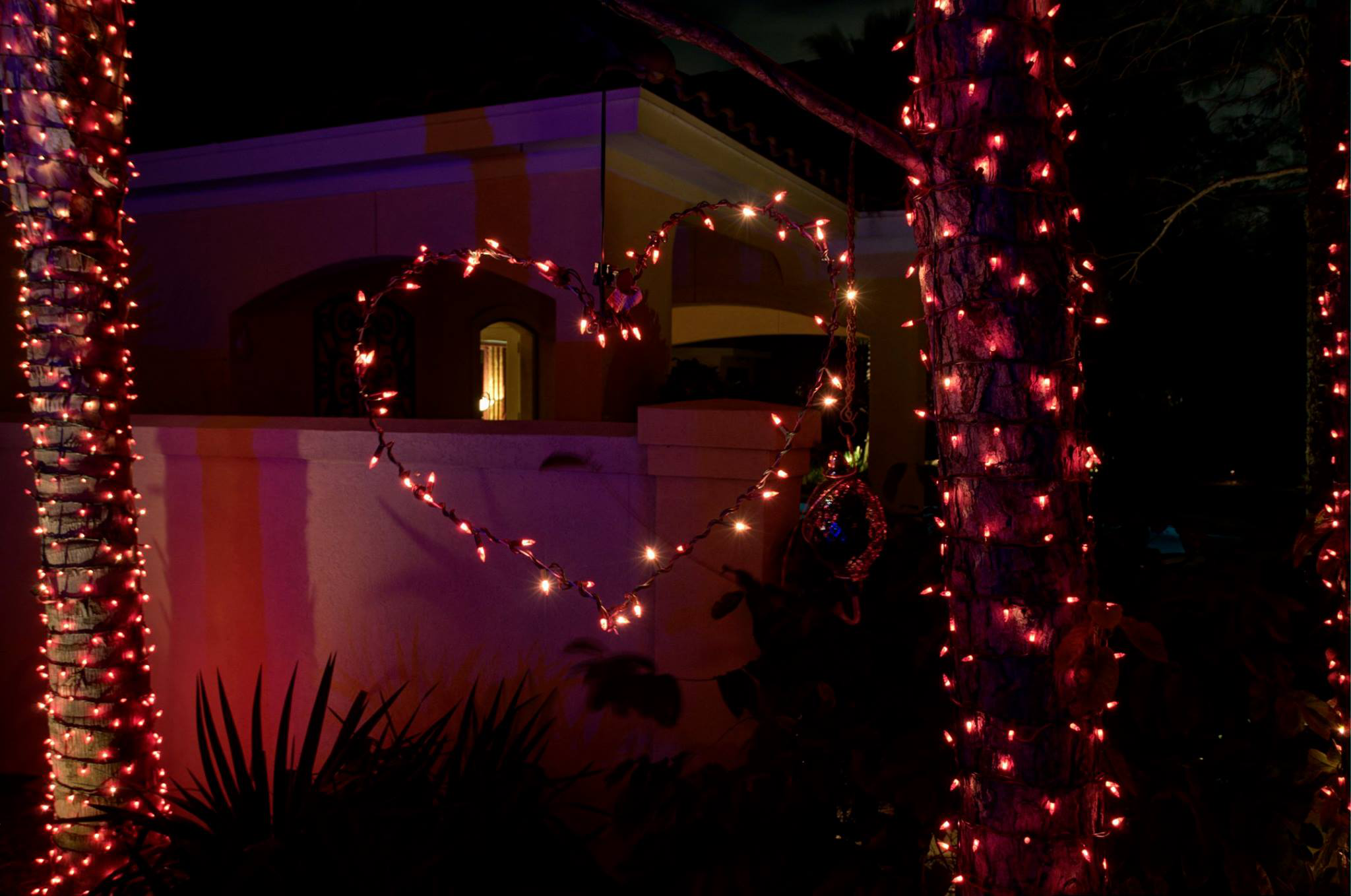 Lighting installation in a heart shape and on trees by Holy Christmas Lights