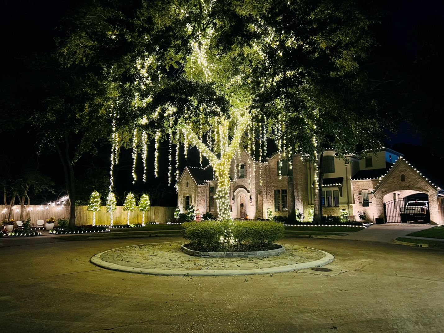 A tree decorated with custom event lighting 