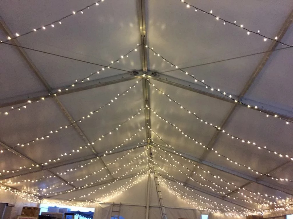 An image of string lights hanging on a canopy  