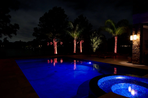 Lights wrapped around trees near a swimming pool